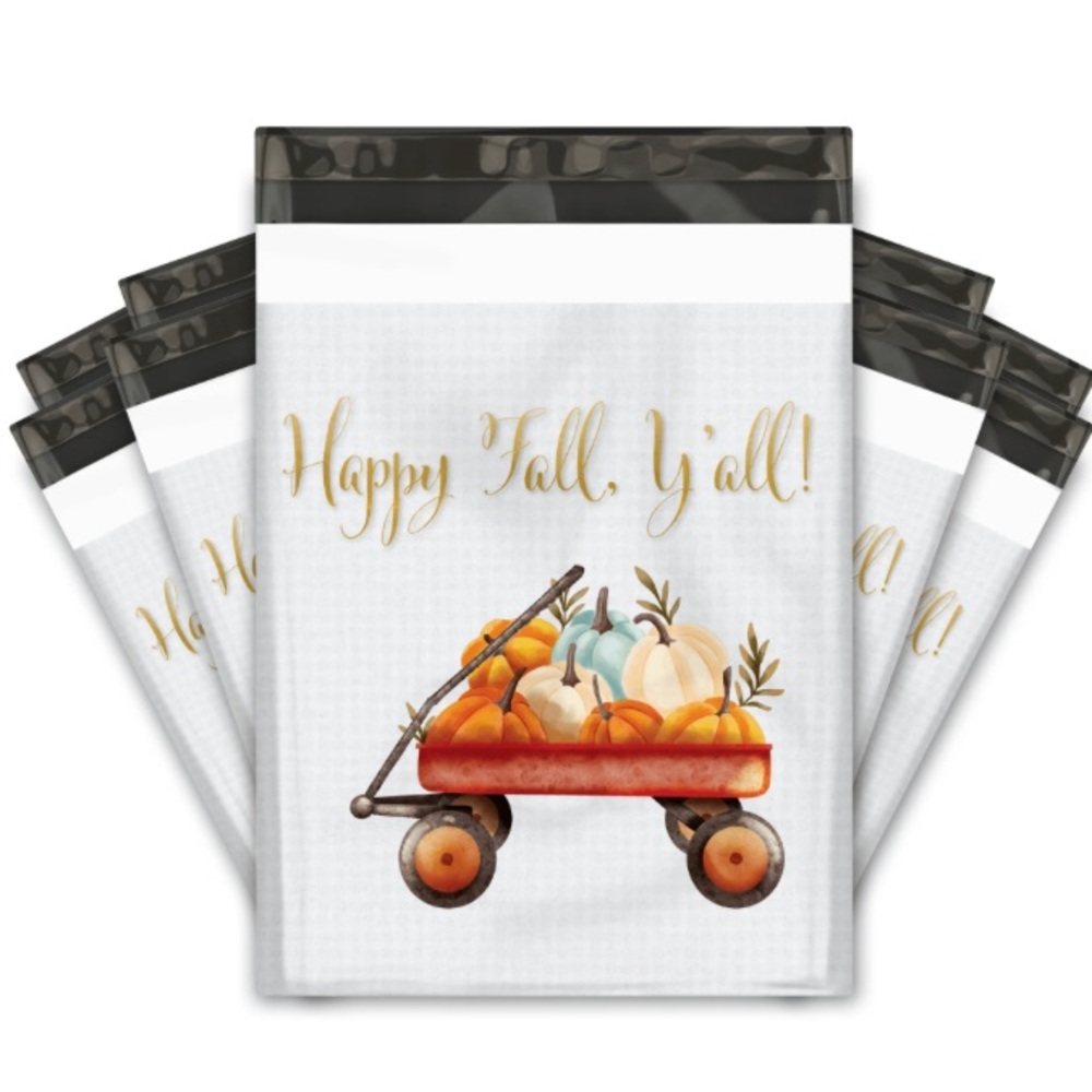 Set of 20 Happy Fall Y’all Pumpkin Wagon 10x13 Poly Mailers Orange Gray White